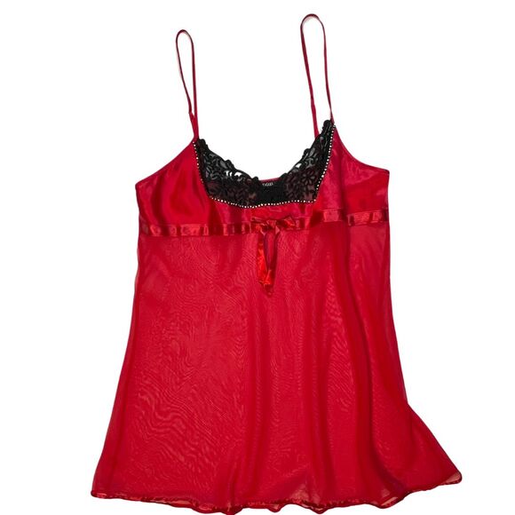 Fantasies Pajama Top Womens Large Red Mesh Black Lace Rhinestone Sleep Cami - Picture 5 of 12
